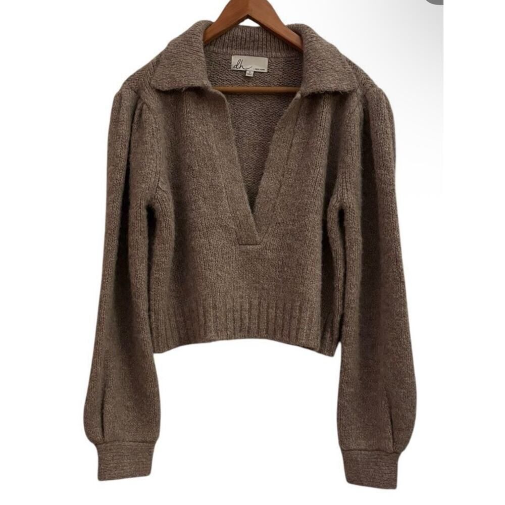 DH New York Alpaca Merino Wool Collared Sweater Taupe Cropped Pullover Cozy Boho